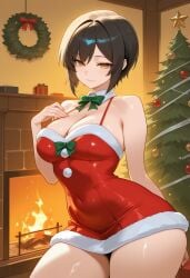ai_generated arm_behind_back bangs bare_shoulders black_hair bow bowtie breasts christmas christmas_ornaments christmas_tree cleavage closed_mouth covered_navel cowboy_shot detached_collar dress female fire fireplace fur-trimmed_dress fur_trim green_bow green_bowtie indoors large_breasts looking_at_viewer minus5 original_character red_dress santa_costume santa_dress short_dress short_hair smile solo thighs yellow_eyes