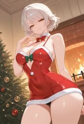 ai_generated arm_behind_back bangs bare_arms bare_shoulders bell black_panties bow bowtie breasts christmas christmas_ornaments christmas_tree cleavage closed_mouth covered_navel cowboy_shot detached_collar dress female fire fireplace fur-trimmed_dress fur_trim green_bow hand_up indoors large_breasts looking_at_viewer minus5 original_character panties red_bow red_bowtie red_dress santa_dress short_dress short_hair sleeveless_dress smile solo spaghetti_strap standing thighs underwear white_hair yellow_eyes