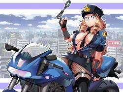 1girls artist_name belt blonde_hair cameltoe camie_utsushimi city_background cropped_legs female female_focus female_only fingerless_gloves fishnet_pantyhose handcuffs jacket large_breasts leaning_back legs_apart motorcycle my_hero_academia necktie necktie_between_breasts no_bra no_bra_under_clothes open_jacket panties police_hat police_uniform shiketsu_high_school_cap short_sleeves sitting_on_motorcycle solo stevechopz thigh_boots thigh_strap underboob