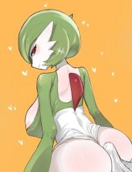 1boy areola_slip ass back blush bob_cut breasts bulge buttjob buttjob_over_clothes closed_mouth colored_skin commentary_request ddingyong erection erection_under_clothes female from_behind gardevoir green_hair green_shirt happy heart high-waist_skirt highres korean_commentary large_breasts long_sleeves looking_at_viewer looking_back orange_background pokemon pokemon_(creature) red_eyes shirt short_hair simple_background skirt smile solo_focus straight white_skin white_skirt wide_hips