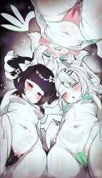 3girls absurdres angels_of_delusion aria_(zenless_zone_zero) aria_(zenless_zone_zero)_(human_form) bikini black_bikini black_hair blue_eyes blush bow breasts cameltoe covered_nipples female female_only from_below green_bikini green_eyes hair_ornament hairbow hairclip highres long_hair looking_at_viewer looking_down lost-phews multiple_girls nangong_yu nangong_yu_(zenless_zone_zero) navel open_mouth pink_bikini pussy_juice red_eyes small_breasts stomach sunna_(zenless_zone_zero) sweat swimsuit zenless_zone_zero