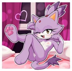 absurd_res animal_ears anthro areola biped blaze_the_cat breasts domestic_cat eyelashes feet felid feline felis female fingers gaturo genitals hi_res mammal multicolored_body nipples pawpads paws pillow pupils purple_body sega smile sonic_(series) sonic_the_hedgehog_(series) tail thick_thighs vulva white_body