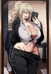 1girls ai_generated ass big_ass big_breasts blazer blonde_female blonde_hair blue_eyes breasts female ksyra ksyraarts long_hair nude nude_female phone phone_camera shirt solo solo_female solo_focus