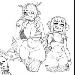 2girls american_flag_bikini armband belly belly_button big_breasts bikini boobs boots breasts ceres_fauna choker clothed clothed_female fishnet_legwear fishnets flat_chest gawr_gura halo hololive hololive_english horns long_hair makinakid mascot one_eye_closed partially_clothed partially_clothed_female petite pussy shark_girl shark_tail sharp_teeth shoes short_hair simple_background size_difference small_breasts smile smiling standing stomach tail takodachi takodachi_(ninomae_ina'nis) taller_female thick_thighs thighs vagina virtual_youtuber vtuber waving white_background wink