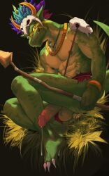 5:8 abs absurd_res anus athletic athletic_male balls black_background bodily_fluids claws colored dripping erection genital_fluids genitals ggan_ggandi glans hi_res humanoid_genitalia humanoid_penis male nipples pecs penis precum precum_drip scalie simple_background solo tail terraria witch_doctor_(terraria)