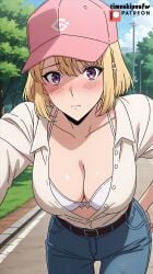 1girls ai_generated anime anime_character anime_coloring anime_girl anime_screencap anime_style baseball_cap bent_over blonde_hair blush blush_lines brown_belt cha_hae_in closed_mouth collared_shirt cowboy_shot female female_only hi_res high_quality jeans looking_at_viewer outdoors patreon pink_headwear purple_eyes sfw shirt_tucked_in short_hair shy solo solo_leveling standing timeskipnsfw white_bra white_shirt