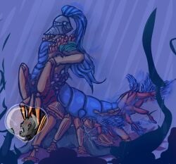 anon arthropod crustacean helmet_only human katkalis knight look_outside male male_only monster monster_on_human non-human non-human_body shrimp shrimp_knight underwater underwater_sex