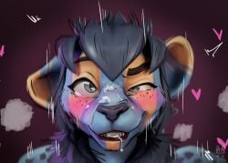 action_line ahe_gao anthro artist_request blush bodily_fluids clenched_teeth cum cum_in_mouth cum_inside cum_on_face felid female fish fur genital_fluids hair hybrid knockout_(krapette) krapette lion looking_pleasured mammal mane marine pantherine shark simple_background solo spiky_hair teeth