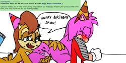 2:1 2girls amy_rose anthro anus ass ass_massage birthday blush blushing_profusely bob_cut chipmunk closed_eyes dialogue digital_media_(artwork) english_text eulipotyphlan female female_focus female_only fingering gloves green_eyes hair_accessory hairband handwear hedgehog jakee looking_at_viewer multiple_girls pink_fur pink_hair pussy pussy_juice request rule_34_comment sally_acorn simple_background sonic_(series) sonic_the_hedgehog_(archie) sonic_the_hedgehog_(comics) squirting tail talking_to_viewer text yuri