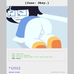 1:1 all_fours ashleyorange ass black_hair blush blush_lines bondage bottomless clothed clothed_female clothing comic comic_panel dialogue english_text eyewear female footwear genitals glasses good_girl hair hi_res homestuck human incest_(lore) june_egbert mammal ms_paint_adventures nervous not_furry on_ground pajamas pantsless penis petplay presenting puppyplay roleplay short_hair sibling_(lore) sister_(lore) sisters_(lore) small_penis socks solo text trans_(lore) trans_woman_(lore) white_body