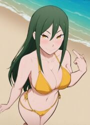 ai_assisted ai_generated amber_eyes beach beach_background big_breasts bikini blue_sky blush crusch_karsten female from_above green_hair hentai horny long_hair micro_bikini microkini navel pixel_dream_gen puffy_pussy re:zero_kara_hajimeru_isekai_seikatsu sea seaside seductive_smile sexy sexy_body sexy_waist solo standing steam sweat thong_bikini uncensored yellow_bikini