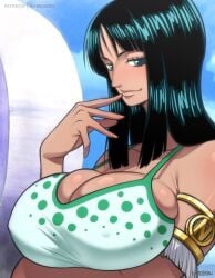 arm_bracelet black_hair breast_holding brown_skin clouds female female_only finger_to_mouth green_shirt holding_breasts_up kamekuzu kameseru nico_robin one_piece patreon_username pervert_smile sky_background smiling smiling_at_viewer squished_breasts tagme twitter_link