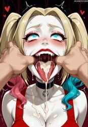 1boy after_fellatio ahe_gao ai_generated artist_name black_choker blonde_hair blue_eyes blue_hair blush breasts choker cleavage clothing collarbone colored_skin cum cum_in_mouth cum_on_body cum_on_breasts cum_on_tongue cumdrip dc dc_comics drooling facial fangs female finger_in_another's_mouth gradient_hair harley_quinn harley_quinn_(series) jousneystudio large_breasts long_hair makeup male mouth_pull multicolored_hair open_mouth pale_skin patreon_username pink_hair pov_hands red_lips red_tank_top rolling_eyes runny_makeup saliva semen solo_focus straight tank_top tearing_up tears teeth tongue tongue_out trembling twintails upper_body uvula white_skin