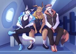 absurd_res ailurid aircraft airplane anthro arctic_fox canid canine clothed clothing ear_piercing euca_(repeat) fox fur group hi_res inside_airplane lagomorph leporid male male/male mammal muscular muscular_male muscular_on_muscular owen_(repeat) piercing public rabbit red_panda repeat_(visual_novel) shirokoi sissel_(repeat) true_fox vehicle white_body white_fur