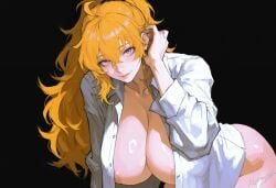 1girls ahoge ai_generated areola_slip areolae black_background blush breasts kizirugai looking_at_viewer nipples open_clothes open_shirt rwby shirt shirt_only simple_background solo solo_female tagme yang_xiao_long