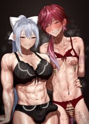 1boy abs anal anal_object_insertion bite_mark blush body_writing bra bulge closed_eyes commentary_request crossdressing crossdressing_(mtf) crotchless crotchless_panties erection erection_under_clothes female feminization flaccid foreskin futa_with_male futanari grey_hair half-closed_eyes hand_on_another's_waist highres higuchi_kaede humiliation ike_(pixiv87705047) lauren_iroas long_hair mole mole_under_eye muscular muscular_female navel_piercing nijisanji nipple_piercing object_insertion panties penis penis_size_difference phimosis piercing ponytail purple_eyes red_hair small_penis stray_pubic_hair sweat tally underwear very_long_hair