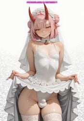 1boy ai_generated balls bulge demon femboy hips looking_at_viewer meybekity oni otoko_no_ko penis solo trap wedding_dress yaoi