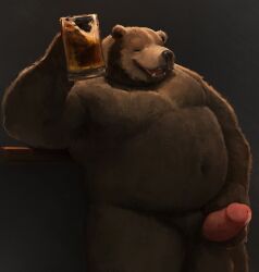 absurd_res alcohol alcohol_consumption anthro armpit_hair balls bear beard beer beverage bezdomny bodily_fluids body_hair brown_bear digital_media_(artwork) digital_painting_(artwork) drinking facial_hair genital_fluids genitals grizzly_bear hi_res male mammal navel overweight painting_(artwork) penis precum smile solo ursine
