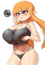 big_breasts black_bra grabbing_own_breast inkling inkling_girl kaori_(splatoon) nobunagapero orange_eyes orange_hair peronattu splatoon splatoon_(series)