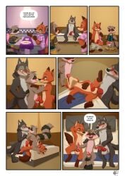 absurd_res anal anal_sex animal_genitalia animal_penis balls blush bodily_fluids brown_body brown_fur canid canine canine_genitalia canine_penis canis clothed clothing comic dialogue disney english_text erection fox fur genital_fluids genitals group group_sex guardians_of_the_galaxy hair hi_res knot male male/male male_penetrated male_penetrating mammal marvel nick_wilde nude nutty_bo officer_wolfard oral penetration penile penis procyonid raccoon red_fox rocket_raccoon sex smile speech_bubble tail text threesome true_fox undressing wolf zootopia