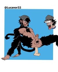 2boys artist_request black_eyes black_fur black_hair chimpanzee chimpanzee_humanoid chimptopia color dark_skin furry hat human male male_focus male_only male_penetrated naked naked_male one_eye_obstructed open_eyes open_mouth robby_(chimptopia) simple_background spread_legs twitter_link