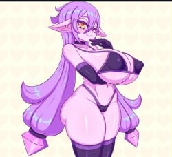 large_breasts long_hair pointy_ears purple_hair purple_skin simple_background thick_thighs yellow_eyes
