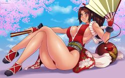 1girls blush brown_hair darkereve female female_only hand_fan hi_res inner_sideboob japanese_clothes king_of_fighters long_hair looking_at_viewer mai_shiranui ponytail rope sideboob sitting snk solo solo_female thick_thighs