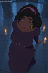 1girl ai_generated black_hair candle coin dark_skin disney earrings esmeralda green_eyes hairband hi_res high_quality high_resolution jewelry lips lipstick makeup one_eye_closed patreon seductive sexy short_hair solo spicytoonai uncensored watermark