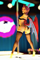 1girls 3d alternate_version_at_source anus breasts capcom darkstalkers female lilith_aensland monster_girl pink_hair pole pole_dancing presenting presenting_hindquarters pussy siluscrow small_breasts solo stripper stripper_pole succubus