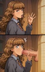 ai_generated breasts brown_hair clothed fellatio fellatio_gesture harry_potter hermione_granger school_uniform surprised witch_trainer