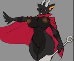 anthro areola big_breasts biped breasts cleavage cloak clothed clothing cosplay cygwin_(doenonsense) dark_body dark_fur domantantrum dracarinus dragon facial_scar female fur genitals grey_background hollow_knight_(franchise) hornet's_needle hornet_(hollow_knight) hornet_(hollow_knight)_(cosplay) looking_at_viewer mythological_creature mythological_scalie mythology nipples orange_accents reaching_out scalie scar simple_background smile solo team_cherry vulva weapon