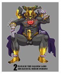 cape duel_monster eldlich_the_golden_lord eros_sempai_(artist) gloves gold_jewelry golden_penis male_only purple_cape yu-gi-oh! zombie