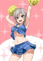 10s :d anastasia_(idolmaster) armpits arms_up asanagi blue_eyes blush breasts cheerleader contrapposto covered_erect_nipples cowboy_shot crop_top crop_top_overhang earrings eyebrows_visible_through_hair female highres idolmaster idolmaster_cinderella_girls jewelry looking_at_viewer midriff navel no_bra open_mouth pom_pom_(cheerleading) short_hair silver_hair skirt smile solo sparkle standing stud_earrings sweat underboob