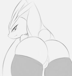 2022 anthro arteficialtrees ass bent_over big_butt big_ears blush clothed clothing digital_media_(artwork) eyebrows eyelashes female fur_thick_thighs genitals half-closed_eyes legwear looking_at_viewer looking_back looking_back_at_viewer lopunny monochrome mostly_nude narrowed_eyes nintendo partially_clothed pokémon_(species) pokemon pokemon_(species) presenting presenting_hindquarters presenting_pussy pussy rear_view scut_tail short_tail simple_background sketch solo thigh_highs video_games