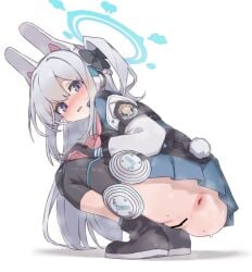 aku0 animal_ear_headphones animal_ears ankle_boots ankle_socks anus ass ass_focus bar_censor black_boots black_bow black_gloves blue_archive blue_halo blue_skirt blue_socks blush blush_visible_through_hair boots bow censored clothes_writing colored_shoe_soles commentary double-parted_bangs embarrassed english_text fake_animal_ears female from_behind from_below full_body gloves grey_hair hair_between_eyes hairbow halo hand_on_own_knee headphones heavy_breathing highres long_hair long_sleeves looking_at_viewer looking_back miniskirt miyako_(blue_archive) multicolored_gloves neckerchief no_panties nose_blush open_mouth perineum petite pink_gloves pink_neckerchief pleated_skirt puckered_anus puffy_long_sleeves puffy_sleeves purple_eyes pussy rabbit_ear_headphones rabbit_ears rabbit_tail shadow sidelocks simple_background skirt smell socks solo squatting sweat tail tareme tongue two-tone_gloves two_side_up very_long_hair white_background white_tail