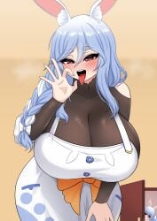 1girls animal_ears apron asking_for_it background_character big_breasts blush braid braided_hair breasts bunny_ears clothing fellatio_gesture female female_only hair_ornament hips hololive huge_breasts light_blue_hair mature mature_female mature_woman milf mother orange_eyes pekomama ribbon sexually_suggestive solo_focus the_only_shoe tongue white_apron