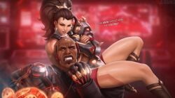blizzard_entertainment brown_hair domination doomfist english english_text eyes_rolling_back female_dominating_male female_domination femdom fit_female headlock jojobanks male muscular muscular_female muscular_thighs overwatch overwatch_2 ponytail red_eyes sleeper_hold strangling sweat sweating tanned_female tanned_skin tattoo tattooed_female thick_thighs vendetta wrestling