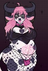 2025 ahoge anthro bangs belly big_breasts black_clothing black_horn black_markings black_nose black_topwear bodily_fluids bovid bovine breasts bulge cattle choker cleavage clothed clothing colored digital_drawing_(artwork) digital_media_(artwork) ear_piercing ear_ring eyebrows eyelashes eyewear facial_piercing fishnet_clothing fishnet_leggings fishnet_legwear flat_colors front_view fur glasses green_eyes gynomorph hair hands_behind_head hi_res horn huge_breasts intersex jewelry leggings legwear long_hair looking_at_viewer mammal markings necklace nose_piercing nose_ring overweight piercing pink_choker pink_eyebrows pink_hair pink_jewelry pink_necklace pregnant pregnant_gynomorph pregnant_intersex purple_clothing purple_thong purple_underwear ring_piercing round_glasses saliva simple_background solo szaris tail thong tongue tongue_out topwear underwear wearing_glasses white_body white_fur