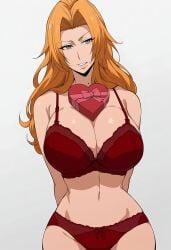 4k absurd_res ai_generated bleach grey_eyes high_res holding_gift large_breasts layai_(artist) lingerie matsumoto_rangiku milf mole_under_mouth orange_hair red_lingerie ribbon seductive stable_diffusion uncensored valentine's_day