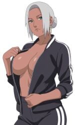 1girls accurate_art_style alternate_costume big_breasts breasts brown_skin busty cleavage clothing dark-skinned_female dark_skin female female_only hair_bun hourglass_figure huge_breasts jacket jumpsuit kiripetals large_breasts mabui mature mature_female midriff naruto naruto_(series) naruto_shippuden navel no_bra no_bra_under_clothes oppai pants pinup plain_background plump sagging_breasts simple_background single_hair_bun solo swept_bangs tied_hair top_heavy top_heavy_breasts track_jacket track_pants track_suit undressing voluptuous voluptuous_female white_background white_hair workout_clothes
