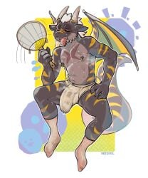 abstract_background anthro bodily_fluids breath briefs bulge clothing dirty dirty_clothing dirty_socks dirty_underwear dragon footwear geometric_background hi_res horn male musk musk_cloud mythological_creature mythological_scalie mythology nipple_piercing nipples panting piercing retsito scalie simple_background socks solo sweat underwear wings