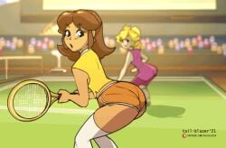 2girls animated ass_expansion bouncing_butt butt butt_expansion female female_only huge_butt mario_(series) mario_tennis nintendo panties princess princess_daisy princess_peach rear_view shimapan small_breasts tail-blazer tennis thick_thighs