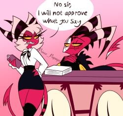 blitzo_(helluva_boss) demon demon_boy demon_horns demon_tail english_text femboy helluva_boss imp moxxie_(helluva_boss) prince_papaya red_body red_skin secretary sexy tagme text text_bubble