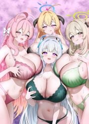 4girls absurdres ahoge akari_(blue_archive) aya-cis black_bra black_horns black_panties blonde_hair blue_archive blue_halo blush bow bra braid breast_press breasts brown_hair cleavage commentary_request dryness_squad grabbing_own_breast green_bra green_eyes green_halo green_panties hair_between_eyes hairbow halo hanako_(blue_archive) headgear heart heart-shaped_pupils highres horns long_hair looking_at_viewer midriff multiple_girls navel noa_(blue_archive) nonomi_(blue_archive) open_mouth panties pink_background pink_bra pink_hair pink_halo pink_panties purple_eyes side_braid single_braid smile sweat symbol-shaped_pupils thighs tongue tongue_out underwear underwear_only very_long_hair white_bow white_hair