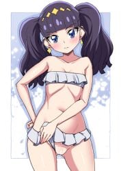 asortofcolorfag ass_visible_through_thighs bar_censor bikini bikini_bottom_aside bikini_bottom_lift blue_eyes blush breasts cameltoe censored closed_mouth clothing_aside colorized delicious_party_precure earrings eyebrows_hidden_by_hair female frilled_bikini frills frown groin highres jewelry kasai_amane large_variant_set lips looking_at_viewer medium_hair miyagoe_yoshitsuki navel precure purple_hair pussy short_twintails small_breasts solo star_(symbol) star_earrings stomach swimsuit twintails undressing variant_set white_bikini