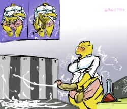 absurd_res alphys anthro balls big_balls big_penis blush bodily_fluids bulge chalkboard clothed clothing coat cum cum_on_ground cumshot ejaculation erection excessive_cum excessive_genital_fluids eyewear genital_fluids genitals glasses gynomorph hi_res intersex lab_coat laboratory multiple_poses musk musk_cloud oregano partially_clothed pattern_clothing pattern_underwear penis pose potion potion_bottle solo standing topwear undertale_(series) underwear underwear_down