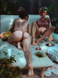 2026 2girls 3d ankle_bracelets areolae areolae_visible_through_clothing ass big_ass black_hair bottle bottomless bottomless_female breasts breasts_visible_through_clothing bun_hair covered_breasts cyberpunk_2077 dark_red_nail_polish detailed_background duo feet female female_only female_pubic_hair front_view full_body green_and_purple_hair judy_alvarez knotted_shirt laying_down laying_on_stomach legs legs_apart legs_apart_feet_together legs_together long_hair lounge_chair lushe3d medium_breasts multiple_females multiple_girls natural_light navel nipples nipples_visible_through_clothing outdoor_nudity outdoors painted_toenails panam_palmer panties partially_visible_vulva pubic_hair pussy rear_view red_toenail_polish shaved_side sheer_top shirt short_hair sitting sitting_on_chair tattoo tattoos tattoos_everywhere thong thong_only thong_panties tied_hair toenail_polish topless_female vulva