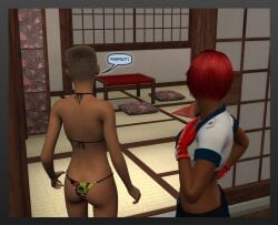 2girls 3d 3d_(artwork) 3d_comic abs absurd_res admiring ass_focus bare_shoulders beautiful_girls belted_skirt beltskirt bikini blue_miniskirt blue_skirt collarbone comic_page dark_skinned_female denim_skirt happy_female happy_females highres marcella_(ropeman1) miniskirt oblivious red_gloves red_hair red_hair_female red_lipstick ropeman1 scarlett_(ropeman1) short_hair short_skirt skirt smiling_female source_request speech_bubble super_heroine superheroine superheroines thong_bikini tomboy victory_celebration walking