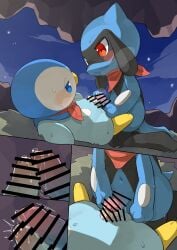 absurd_res anthro beak bigoyatsu biped black_body blue_body blue_eyes blue_tail blush bodily_fluids censored comic duo erection foreskin frottage generation_4_pokemon genital_fluids genitals hi_res humanoid_genitalia humanoid_penis male male/male multicolored_body nintendo penile penis penises_touching piplup pokemon pokemon_(species) pokemon_mystery_dungeon precum red_eyes riolu sex spike_chunsoft tail yellow_body