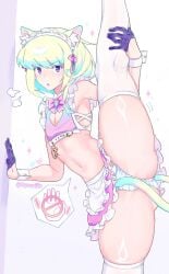 1boy androgynous blush bob_cut boob_window cat_boy cat_ears cat_tail chest_window crossdressing embarrassed femboy femboy_only girly leg_lift lifting_leg lio_fotia maid_headdress maid_outfit maid_uniform midriff oyasaiiis panties promare short_hair skirt slim_waist solo stockings thick_thighs thighhighs tight_clothing trap twink